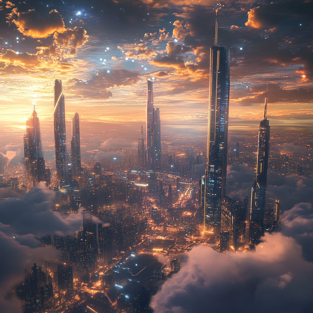 Een futuristische stadslandschap met iconische gebouwen van Xebia en AWS samen, omringd door wolken van digitale gegevens en netwerken die de lucht doorkruisen. De scène toont een gevoel van samenwerking en vooruitgang, met stralende lichten en moderne architectuur die de kracht van technologie symboliseren. De sfeer is ambitieus en visionair, zonder tekst of woorden in de afbeelding.