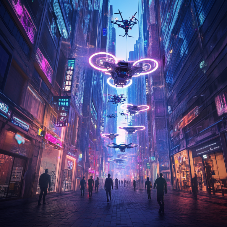 Een futuristische stad met technologische innovaties zichtbaar in het straatbeeld. De gebouwen zijn hoog en modern, met neonlichten die de nacht verlichten. Mensen lopen rond met geavanceerde gadgets, en drones zweven in de lucht. De sfeer is levendig en vooruitstrevend, met een gevoel van opwinding en verwachting. Geen tekst of woorden in de afbeelding.