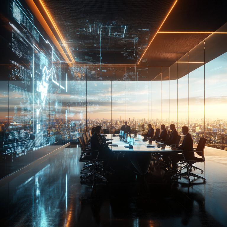 Een futuristische vergaderruimte waar leden van de Sundai Club bijeenkomen om generatieve AI te bespreken. De ruimte is gevuld met geavanceerde technologie, holografische projecties, en een groot scherm dat complexe AI-visualisaties toont. De sfeer is innovatief en geheimzinnig, met een gevoel van creatieve spanning in de lucht. De leden zijn divers en gefocust, elk met een eigen computer of tablet. Geen tekst of woorden in de afbeelding.