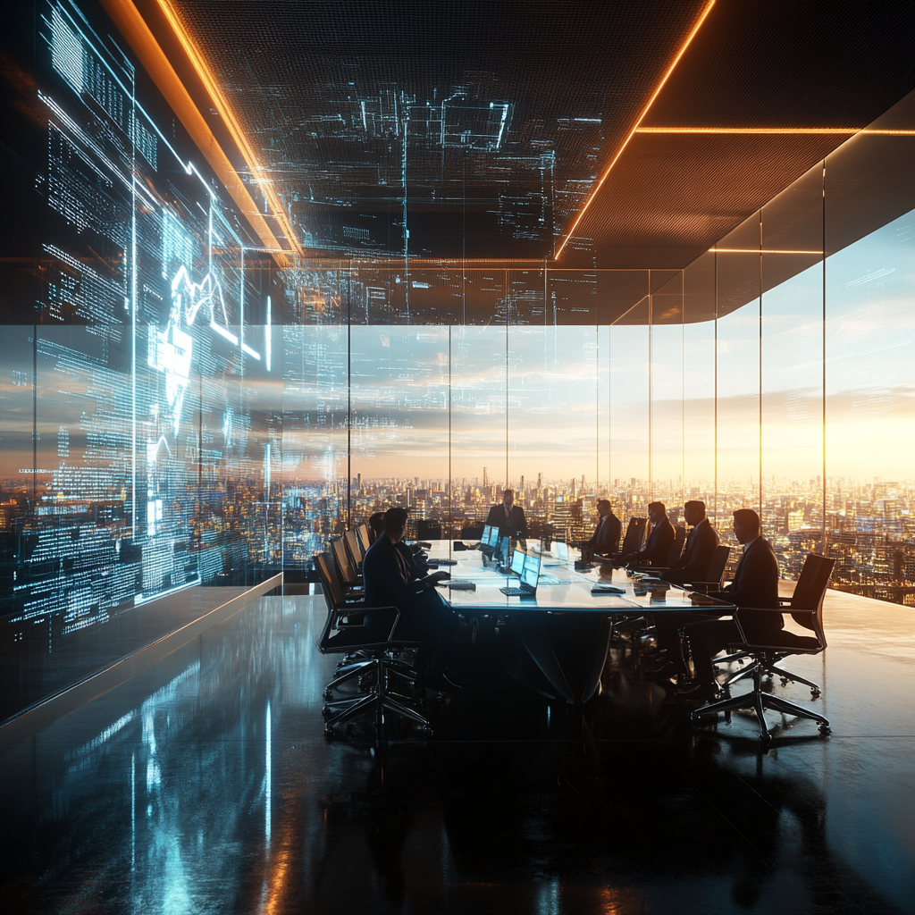 Een futuristische vergaderruimte waar leden van de Sundai Club bijeenkomen om generatieve AI te bespreken. De ruimte is gevuld met geavanceerde technologie, holografische projecties, en een groot scherm dat complexe AI-visualisaties toont. De sfeer is innovatief en geheimzinnig, met een gevoel van creatieve spanning in de lucht. De leden zijn divers en gefocust, elk met een eigen computer of tablet. Geen tekst of woorden in de afbeelding.