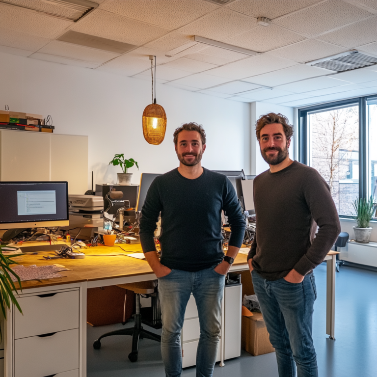 Een dynamische scène in een modern kantooromgeving bij WeAreFrank! Twee jonge professionals, Vincent de Gans en Yaseen El Ganayny, staan trots naast hun werkstation, omringd door technologie en open-source software symbolen. De sfeer is innovatief en energiek, met heldere kleuren en een gevoel van vooruitgang en samenwerking. Geen tekst of woorden in de afbeelding.