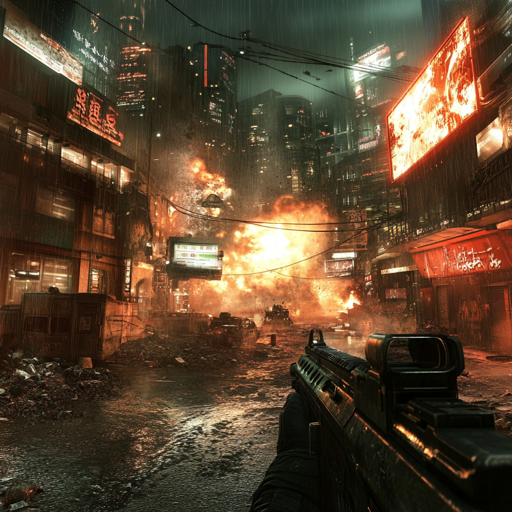 Beeld een dramatisch videogame tafereel uit waarin een groep spelers in Modern Warfare III en Warzone in een hectische gevechtssituatie verkeert. De omgeving is futuristisch en chaotisch, met neonlichten en explosies op de achtergrond. Ondanks de chaos, is er een gevoel van vastberadenheid en samenwerking zichtbaar onder de spelers. De sfeer is intens en meeslepend, met een nadruk op teamwork en strijdlust. Geen tekst of woorden in de afbeelding.