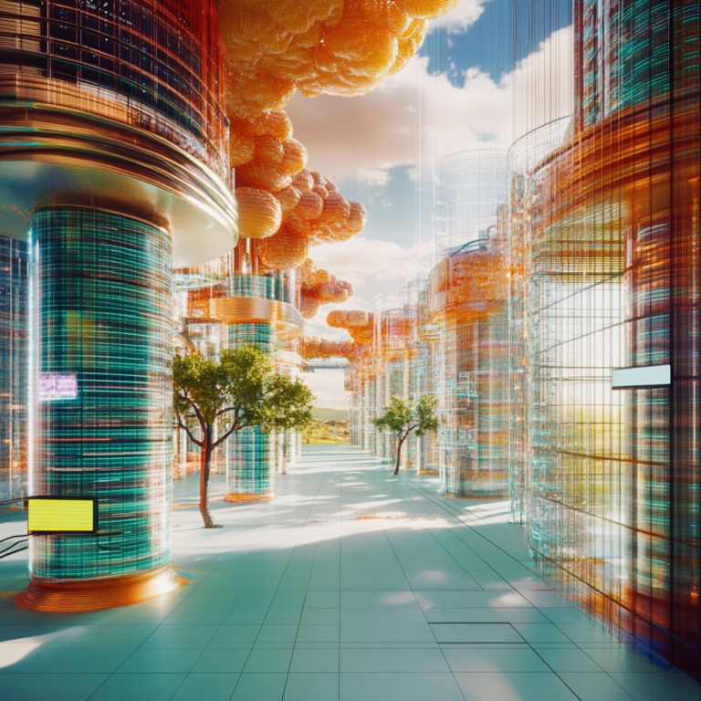 Een futuristische techomgeving waarin een serverloze AI-architectuur wordt uitgebeeld. Heldere, dynamische kleuren tonen de complexiteit en kracht van AI-technologie. Computerservers verdwijnen in een wolk van data en algoritmen, terwijl een netwerk van lichtstralen verbinding maakt met verschillende apparaten, symboliserend de schaalbaarheid en innovatie. De sfeer is energiek en vooruitstrevend, met een gevoel van onbeperkte mogelijkheden en technologische vooruitgang. Geen tekst of woorden in de afbeelding.