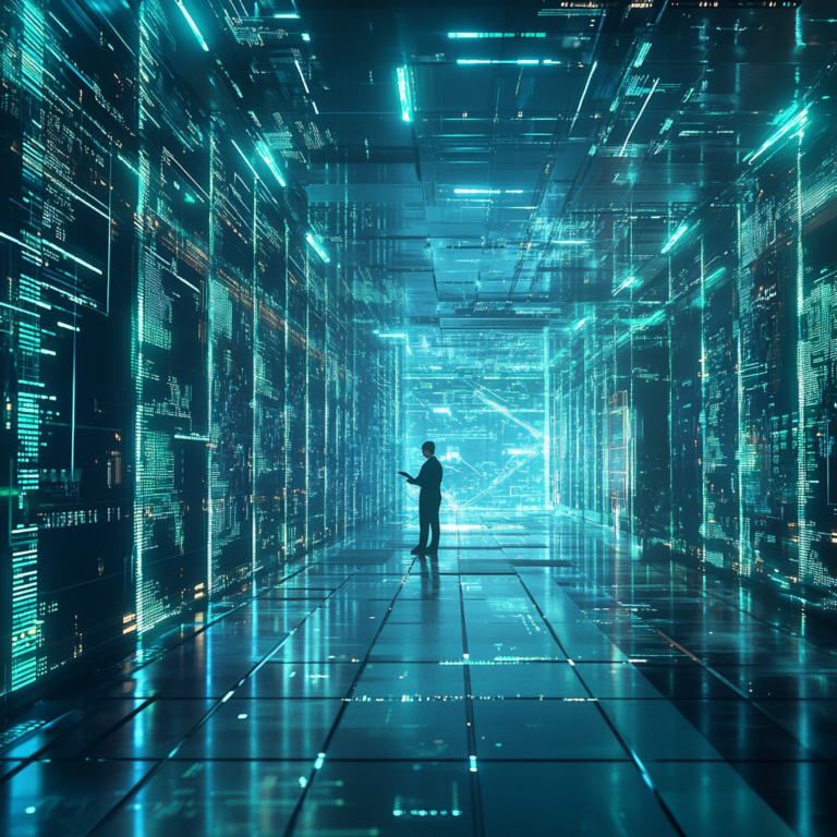 Een high-tech cybersecurity lab met een grote muur van schermen die complexe data en code laten zien. In het midden van de kamer staat een ingenieur, gefocust en werkend op een laptop. De sfeer is futuristisch en spannend, met blauw en groen verlichte apparatuur. De afbeelding moet puur visueel zijn, zonder tekst of woorden.