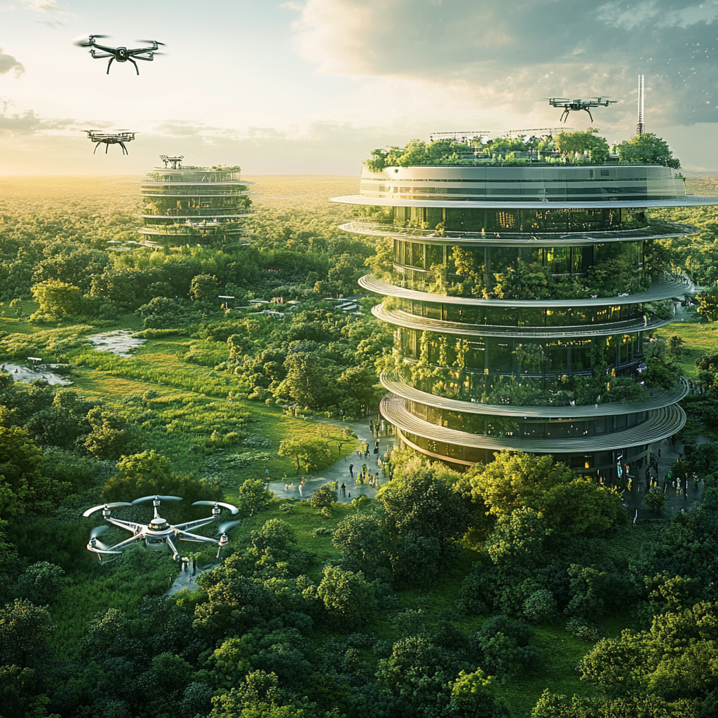 Een futuristisch landschap waarin grote techbedrijven zoals Google en Amazon zich hebben gevestigd rond een hypermoderne kerncentrale. De setting toont een harmonieuze combinatie van natuur en technologie, met glanzende, energiebesparende gebouwen en drones die rondvliegen. De lucht is helder met een energieke gloed aan de horizon, en er zijn groene parken met mensen die genieten van de innovatieve omgeving. Geen tekst of woorden in de afbeelding.
