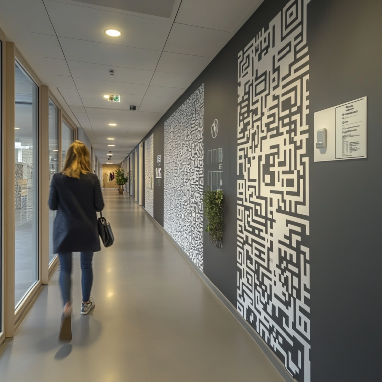 Een moderne zorginstelling met rustige, georganiseerde ruimtes. Aan de muur hangen QR-code stickers die klaar zijn om gescand te worden. Zorgmedewerkers en cliënten bewegen zich met gemak door de faciliteit. De sfeer is kalm en efficiënt, met een gevoel van geavanceerde technologie die het werkproces ondersteunt. Geen tekst of woorden in de afbeelding.
