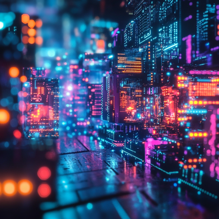 Een donkere en geheimzinnige cybermarkt, gevuld met abstracte digitale elementen en schaduwen die zero-day exploits voorstellen. De sfeer is dreigend en mysterieus, met een mix van neonlichten en donkere kleuren die een gevoel van gevaar en clandestiniteit oproepen. Geen tekst of woorden in de afbeelding.