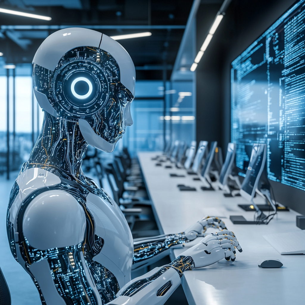 Een moderne kantooromgeving waarin finance professionals samenwerken met AI-technologieën. Op de achtergrond zijn computerschermen te zien met complexe data-analyse en AI-algoritmen. De sfeer is futuristisch en innovatief, met een focus op samenwerking tussen mens en machine. Geen tekst of woorden in de afbeelding.