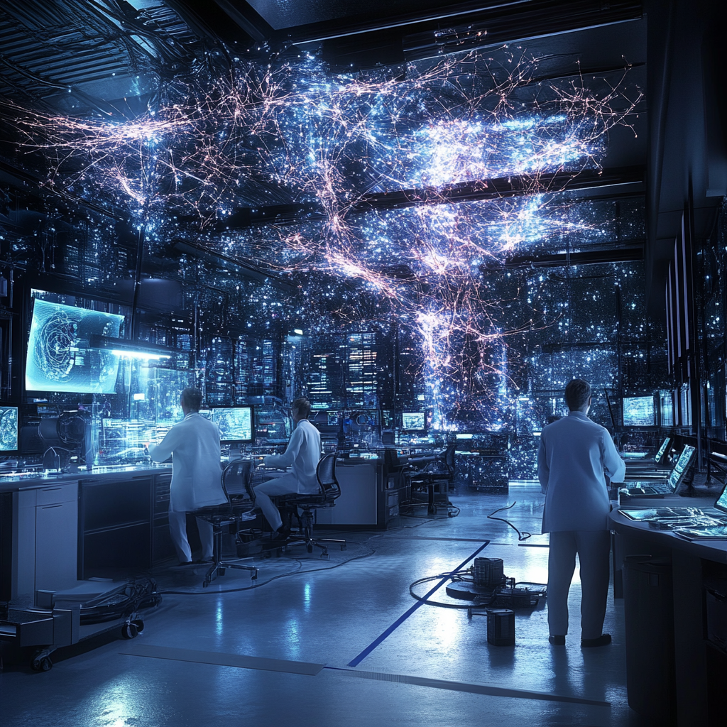 Een futuristisch lab waarin wetenschappers een nieuw type neurale netwerken ontwikkelen, geïnspireerd door microscopische wormen. De ruimte is gevuld met holografische schermen, geavanceerde computers, en een sfeer van innovatie en ontdekking. Wetenschappers in witte jassen werken geconcentreerd, omringd door abstracte visuele representaties van neurale netwerken. Geen tekst of woorden in de afbeelding.