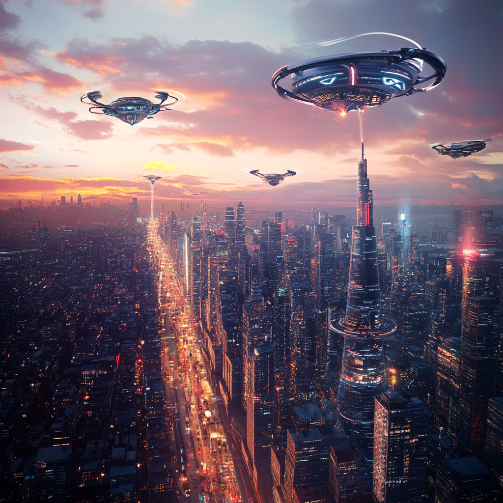 Een futuristisch stadslandschap waarin technologie de skyline domineert, met vliegende auto's en wolkenkrabbers gemaakt van glas en staal. De stad is levendig en vol beweging, met neonlichten die de straten verlichten. In de lucht zweven drones en de horizon is gevuld met een spectaculaire zonsondergang die de lucht in vurige kleuren doordrenkt. De sfeer is opwindend en visionair, zonder tekst of woorden in de afbeelding.