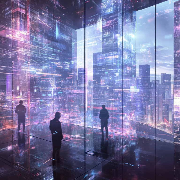 Een futuristische en dynamische zitting die de introductie van een baanbrekende ICT 'Collection' in een high-tech omgeving weergeeft. De ruimte is gevuld met levendige LED-schermen, interactieve hologrammen, en een publiek vol enthousiaste toeschouwers. Het kleurenpalet is een mix van blauw, zilver en groen, die een gevoel van innovatie en vooruitgang uitstraalt. De sfeer is energiek en inspirerend, met een duidelijke focus op technologische vooruitgang en samenwerking. Geen tekst of woorden in de afbeelding.