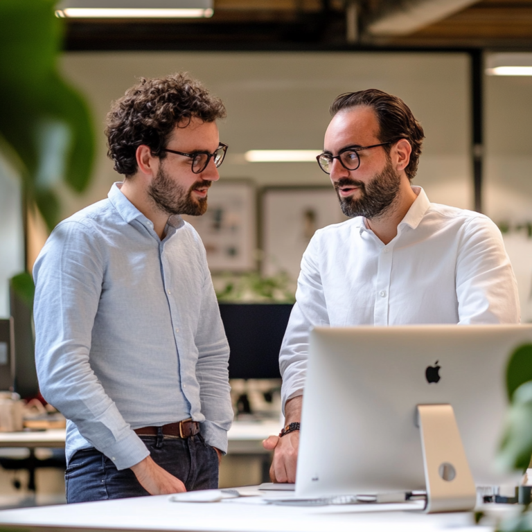 Een levendige en dynamische kantooromgeving bij WeAreFrank!, waar Vincent de Gans en Yaseen El Ganayny samenwerken als integratiespecialisten. Het beeld toont een moderne werkruimte met computers en technische apparatuur in gebruik, omgeven door enthousiaste collega's. De sfeer is innovatief en energiek, met een focus op samenwerking en technologische vooruitgang. Geen tekst of woorden in de afbeelding.