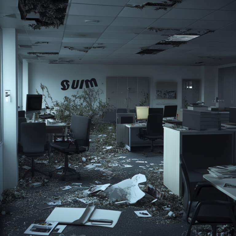 Een dramatische scène die de impact van Samsung's ontslagen toont: een verlaten kantoorruimte met lege bureaus en stoelen, een paar persoonlijke spullen zoals koffiemokken en foto's achtergelaten. De sfeer is somber en melancholisch, met een grijze lucht zichtbaar door de ramen. In de achtergrond, een groot Samsung-logo, half in de schaduw, symboliseert de onzekerheid en de uitdagingen waar het bedrijf voor staat. Geen tekst of woorden in de afbeelding.