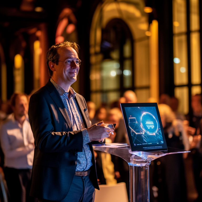 Een futuristisch landschap waar AI-gedreven technologieën samensmelten met kernenergie-installaties. Stralende kernreactoren worden omringd door geavanceerde AI-machines, met een skyline van high-tech wolkenkrabbers op de achtergrond. De sfeer is innovatief en visionair, met een samenspel van technologie en natuur dat hoop en vooruitgang symboliseert. Geen tekst of woorden in de afbeelding.