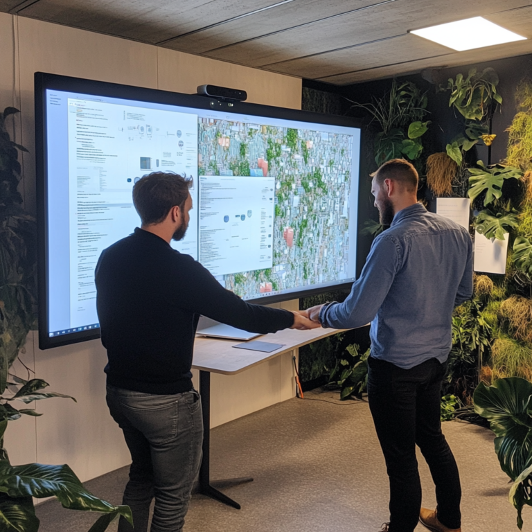 Een dynamisch kantoorlandschap bij WeAreFrank!, met Vincent de Gans en Yaseen El Ganayny die samenwerken aan een groot digitaal scherm vol met code en diagrammen. De sfeer is energiek en innovatief, met diverse technologieën zichtbaar in de ruimte. Er zijn moderne werkstations, planten voor een frisse sfeer en een grote wand met futuristische designs. De focus is op teamwork en technologische vooruitgang, zonder tekst of woorden in de afbeelding.