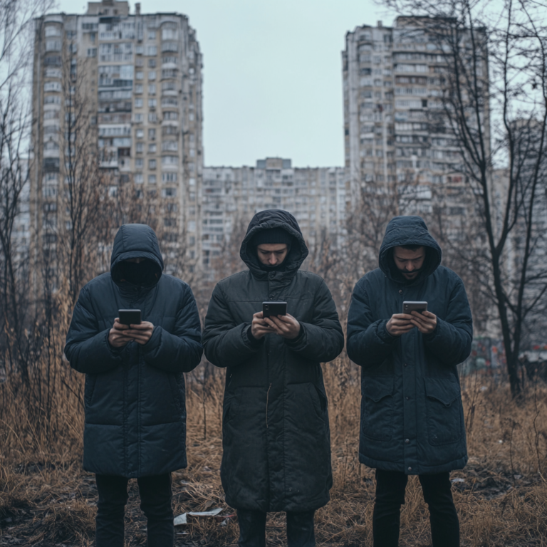 Een dramatische scène van een stad in Moldavië, met mensen die op hun telefoons sociale media bekijken. De lucht is bewolkt, wat de dreigende sfeer versterkt. Er zijn symbolen van sociale mediaplatforms zoals Facebook en TikTok subtiel in de achtergrond verwerkt. De sfeer is gespannen en urgent, met een gevoel van dreiging door desinformatie. Geen tekst of woorden in de afbeelding.