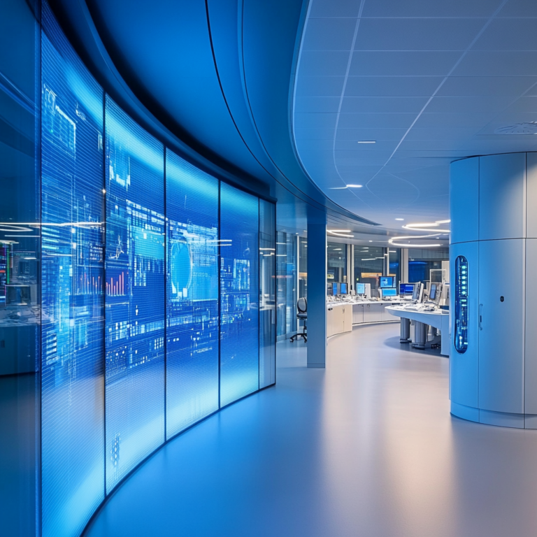 Een futuristische controlekamer van een industriële faciliteit, waar geavanceerde OT-beveiligingssystemen actief zijn. Schermen met complexe grafieken en analyses, een team van ingenieurs dat samenwerkt, en een gevoel van hoge technologie en veiligheid. Het licht is gedempt met een blauwachtige gloed, en de sfeer is dynamisch en innovatief. Geen tekst of woorden in de afbeelding.