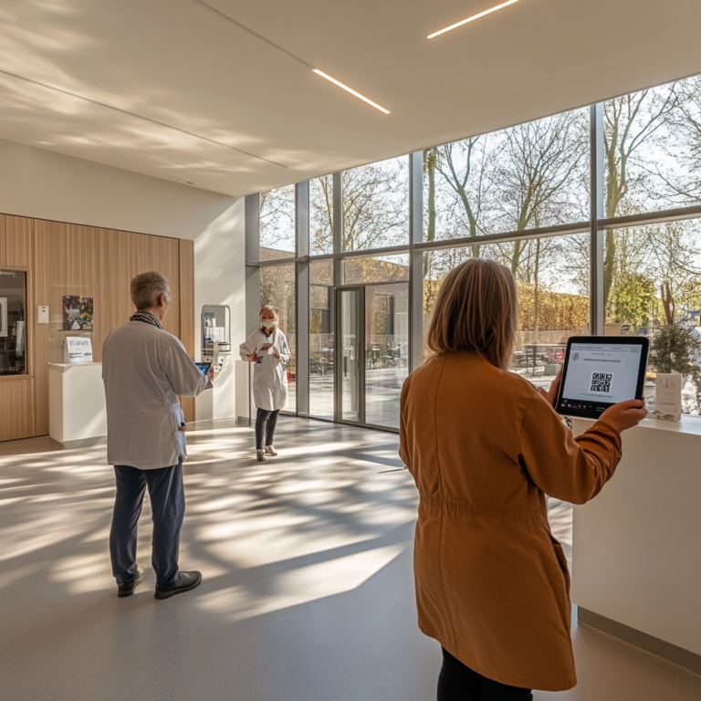 Een futuristisch kantoor met een grote glazen muur, waar een groep mensen rond een tafel zit. Op de tafel ligt een moderne holografische projector die een levendig 3D-beeld van een landschap toont. De sfeer is innovatief en vooruitstrevend, met high-tech gadgets zoals transparante monitors en interactieve touchscreens zichtbaar in de omgeving. De kleuren zijn helder en futuristisch, met een accent op blauw en zilver. Geen tekst of woorden in de afbeelding.