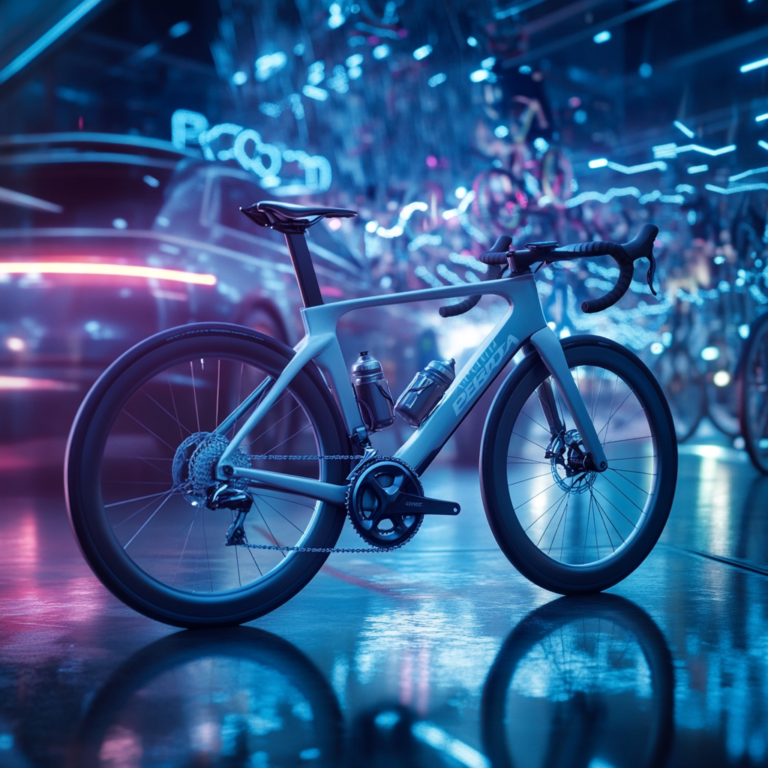 Een dynamische scène met een Peloton fiets en een Ford auto in de achtergrond. De setting straalt innovatie en leiderschap uit, met levendige kleuren en moderne technologie-elementen. De sfeer is optimistisch en ambitieus, zonder tekst of woorden in de afbeelding.