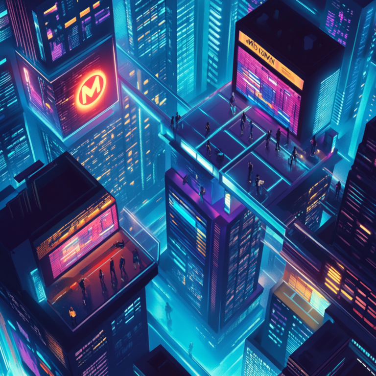 Een moderne en levendige illustratie van een futuristische stad met neonlichten, waarin een hoog gebouw met het logo van Monzo oplicht in de nacht. Mensen in zakenkleding lopen langs holografische schermen met financiële data. De sfeer is innovatief en vooruitstrevend, met een duidelijke focus op technologie en vooruitgang. Geen tekst of woorden in de afbeelding.