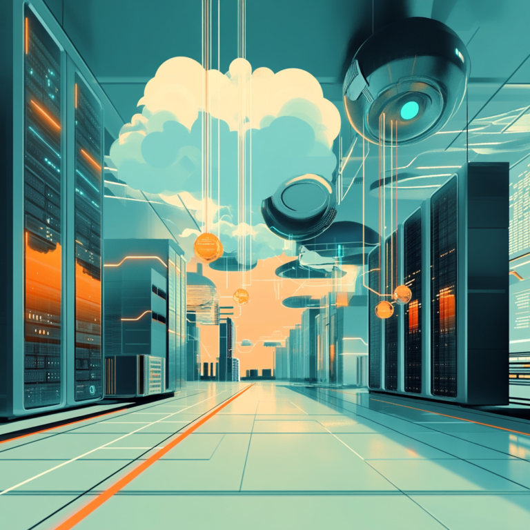 Een futuristische IT-omgeving met servers en cloudiconen die een hybride cloudinfrastructuur voorstellen. De ruimte straalt innovatie uit met een high-tech uitstraling. Heldere kleuren zoals blauw en groen domineren, met subtiele hints van oranje die de samenwerking tussen technologiebedrijven symboliseren. Geen tekst of woorden in de afbeelding.