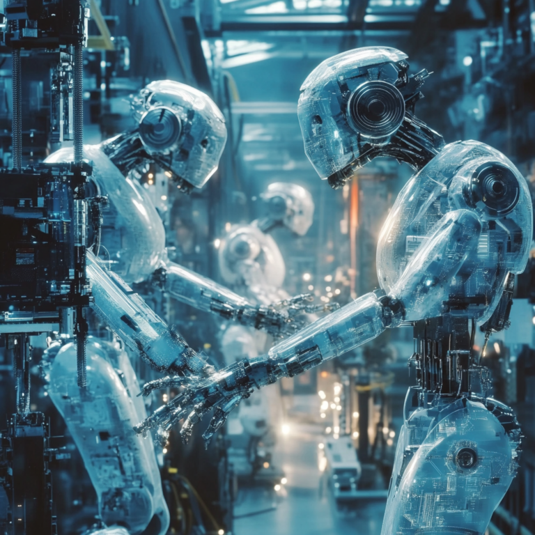 Een futuristische machinebouwomgeving, vol met geavanceerde technologie en connectiviteit. Robots en machines werken soepel samen in een high-tech fabriek, met blauwe en zilveren tinten die de moderne sfeer benadrukken. De afbeelding straalt innovatie en efficiëntie uit, zonder tekst of woorden in de visual.