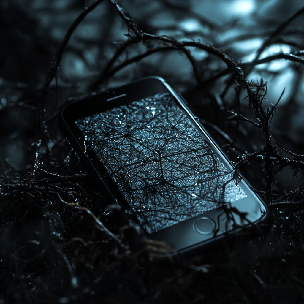 Een dramatisch beeld van een mobiele telefoon in een donkere omgeving, gehuld in een mysterieuze gloed. De telefoon is omringd door een complex netwerk van lijnen en cijfers, symboliserend de kwetsbaarheid en dreiging van de 'Deceptive Delight' jailbreak-techniek. De sfeer is gespannen en intrigerend, met een sterke nadruk op technologie en beveiliging. Geen tekst of woorden in de afbeelding.