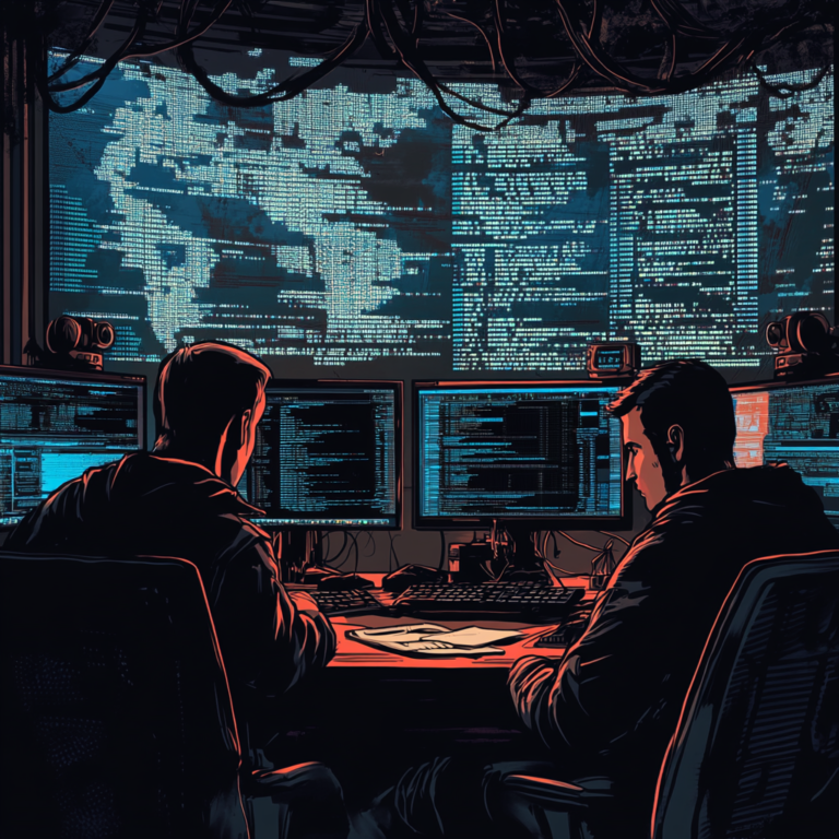 Een dramatische scène waarin Russische hackers in een donkere, high-tech omgeving samenwerken met Kremlin spionnen. De sfeer is intens en geheimzinnig, met computerschermen vol met code en geheime documenten verspreid over tafels. Op de achtergrond zijn afbeeldingen van NAVO-vlaggen en beveiligingscamera's te zien. De kleuren zijn donker en somber, met een sterke focus op blauw en zwart. Geen tekst of woorden in de afbeelding.