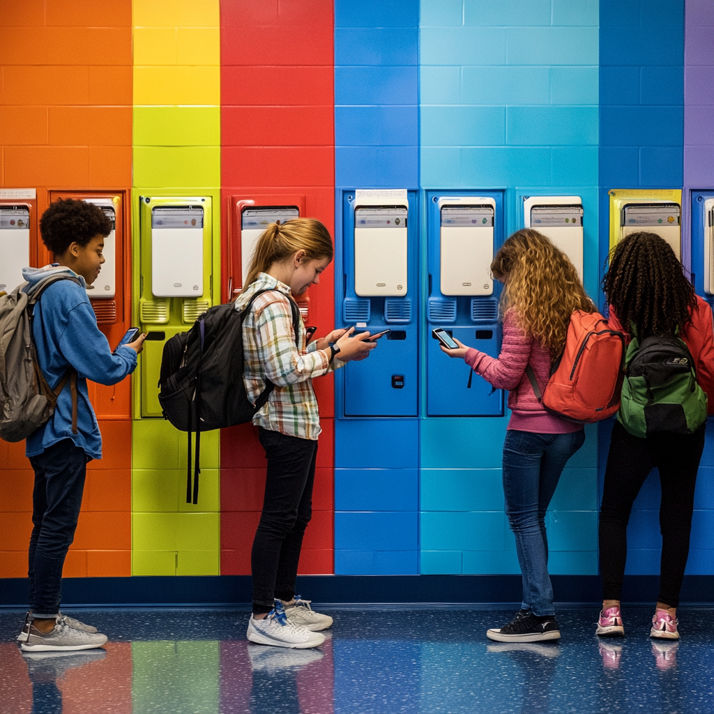 Een levendige scène in een schoolomgeving in New York City, waarbij leerlingen met mobiele telefoons zich verzamelen rond een aankondigingsbord. De setting is een moderne school met kleurrijke muren en lockers. De leerlingen zijn een diverse groep, lachend en in gesprek terwijl ze hun telefoons gebruiken. De sfeer is dynamisch en energiek, met een gevoel van verbondenheid en technologische integratie. Geen tekst of woorden in het beeld.