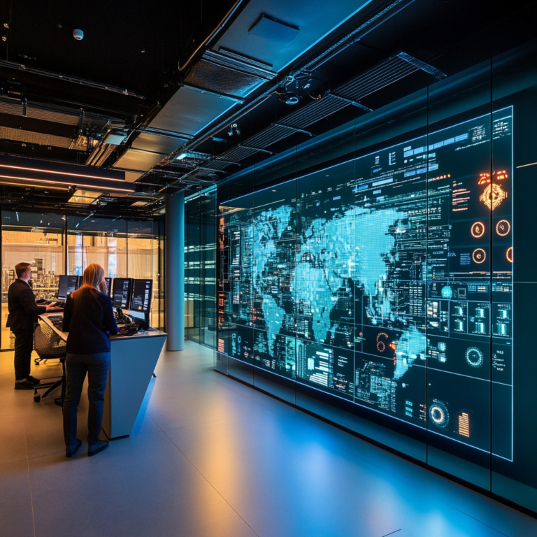 Een futuristische controlekamer waar TenneT en ilionx samenwerken aan cybersecurity. In het midden staat een groot scherm met complexe digitale beveiligingsgrafieken en gegevensstromen. Techneuten in moderne kleding werken aan computers, omgeven door een sfeer van high-tech innovatie en samenwerking. De ruimte is gevuld met blauw en groen licht, wat een gevoel van veiligheid en technologie uitstraalt. Geen tekst of woorden in de afbeelding.