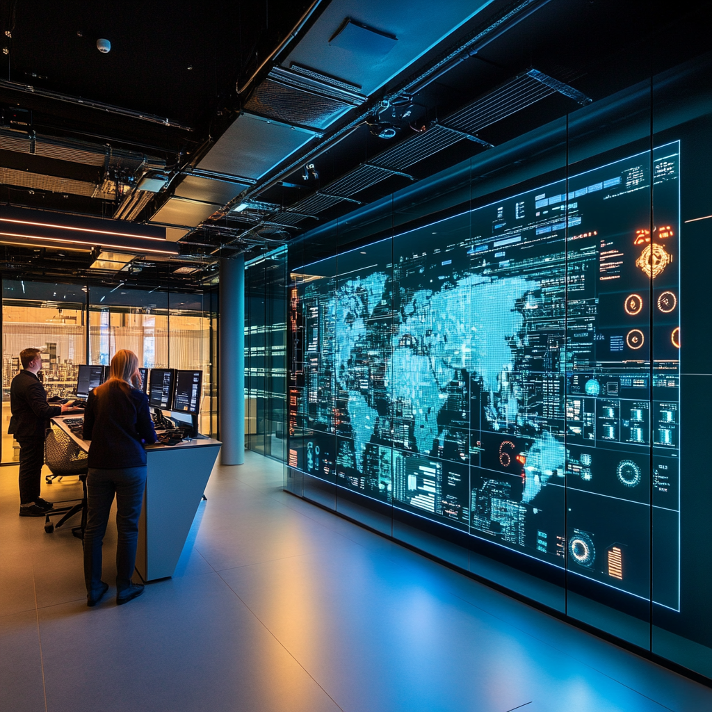 Een futuristische controlekamer waar TenneT en ilionx samenwerken aan cybersecurity. In het midden staat een groot scherm met complexe digitale beveiligingsgrafieken en gegevensstromen. Techneuten in moderne kleding werken aan computers, omgeven door een sfeer van high-tech innovatie en samenwerking. De ruimte is gevuld met blauw en groen licht, wat een gevoel van veiligheid en technologie uitstraalt. Geen tekst of woorden in de afbeelding.