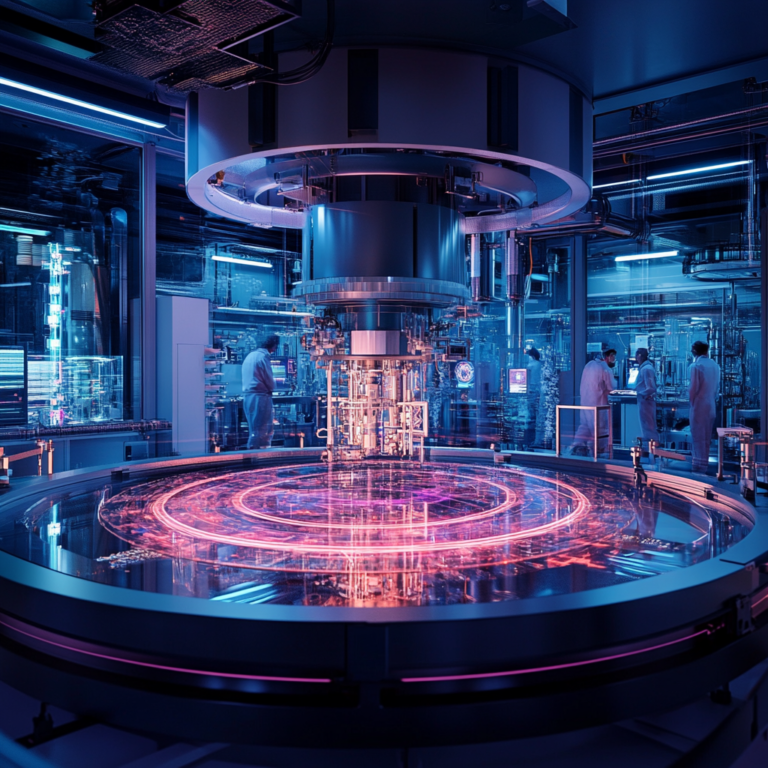 Een futuristisch laboratorium waar een team van wetenschappers werkt aan een fusie-kracht project. Heldere schermen en holografische weergaven vullen de ruimte, met een centrale fusie-reactor omgeven door geavanceerde technologie. De sfeer is innovatief en hoopvol, met een nadruk op wetenschap en samenwerking. Geen tekst of woorden in de afbeelding.