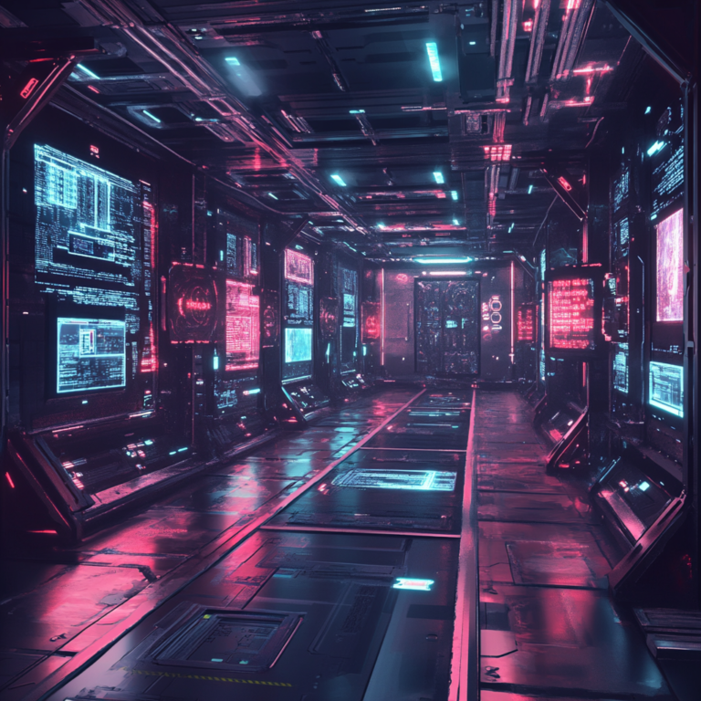 Een dramatisch en futuristisch beeld van een digitaal netwerk, met een visuele representatie van de kwetsbaarheid door een jailbreak-techniek genaamd 'Deceptive Delight'. Het netwerk is omgeven door abstracte, kleurrijke cyber-elementen die de complexiteit en dreiging symboliseren. De sfeer is zowel intrigerend als dreigend, met een donkere achtergrond en levendige neonaccenten. Geen tekst of woorden in de afbeelding.