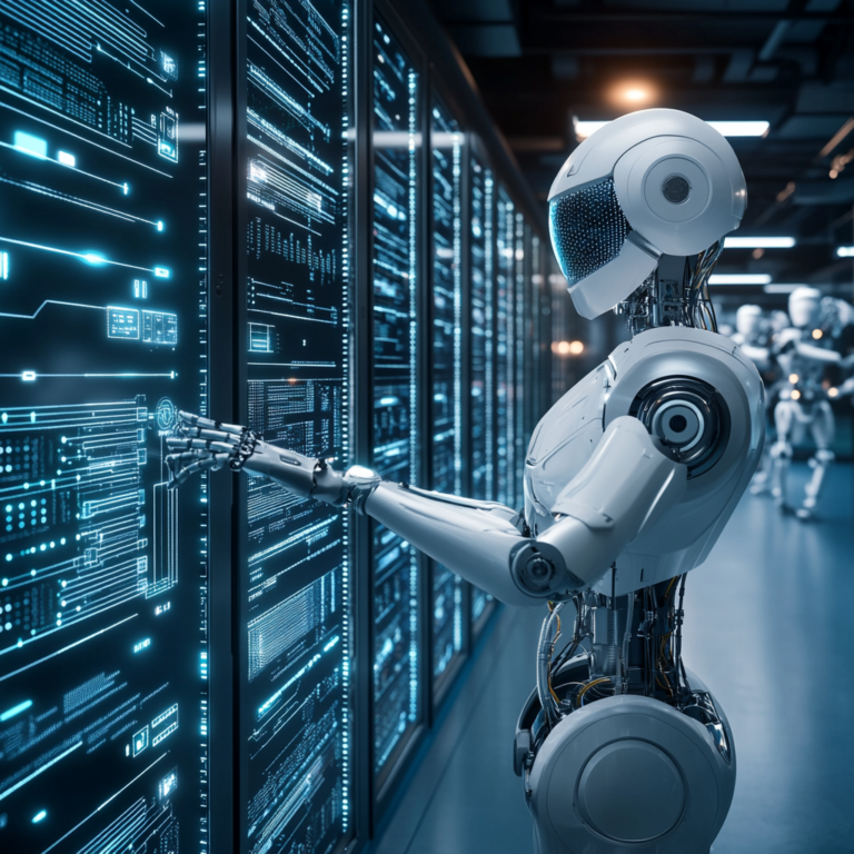 Een futuristisch datacenter waar AI-systemen worden beheerd door geavanceerde serverless technologie. Zie een dynamische en geavanceerde omgeving met holografische displays en robotarmen die serverbladen beheren. De kleuren zijn koel en technologisch, met een sfeer van innovatie en vooruitgang. Geen tekst of woorden aanwezig in het beeld.