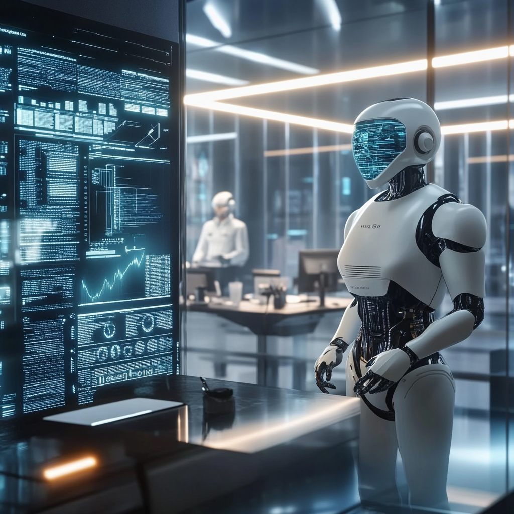 Een futuristische werkplek waarin mensen en AI samen in harmonie werken. Mensen zitten aan bureaus met geavanceerde computerapparatuur, terwijl holografische AI-assistenten hen ondersteunen. De kamer is modern en high-tech, met LED-verlichting en grote schermen die data en grafieken tonen. De sfeer is innovatief en vooruitstrevend, met een gevoel van samenwerking tussen mens en technologie. Geen tekst of woorden in de afbeelding.