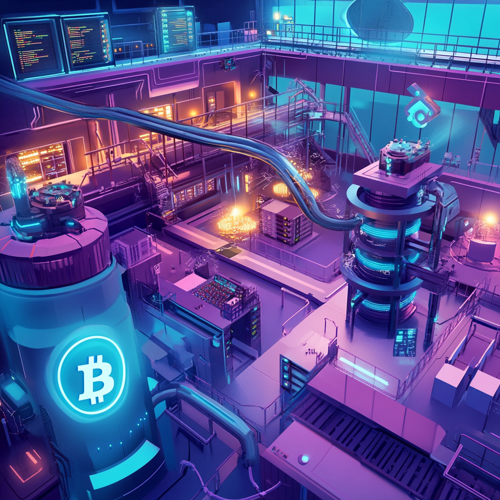 Een dramatische scène waarin een muziekindustrie labyrint samenkomt met een futuristische Bitcoin mining faciliteit. De ruimte is gevuld met muzikale elementen zoals noten en microfoons, vermengd met de mechanische en technologische aspecten van Bitcoin mining, zoals servers en digitale codes. De sfeer is levendig en futuristisch, met een spannend contrast tussen creativiteit en technologie. Geen tekst of woorden in de afbeelding.