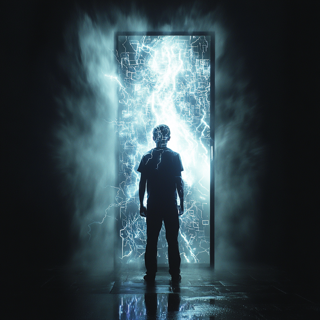 Een dramatische scène met een jonge tiener op een donkere kamer die naar een helder verlicht telefoonscherm staart. De kamer is gevuld met digitale symbolen die als een storm om hen heen draaien, symboliserend de overweldigende invloed van sociale media. De sfeer is gespannen en mysterieus, met een sterk contrast tussen licht en schaduw. Geen tekst of woorden in de afbeelding.