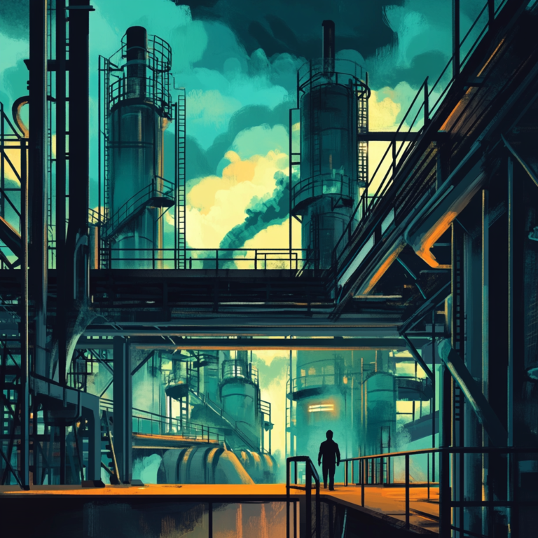 Een dramatische illustratie van een moderne halfgeleiderfabriek in de avondschemering, met felle lichten die de high-tech machines verlichten. De sfeer is gespannen, met wolken die een schaduw werpen over de futuristische architectuur. In de verte zijn silhouetten van werknemers druk bezig, symboliserend de uitdagingen van de sector. De kleuren zijn een mix van koel blauw en levendig oranje, suggererend een mengeling van hoop en onzekerheid. Geen tekst of woorden in de afbeelding.
