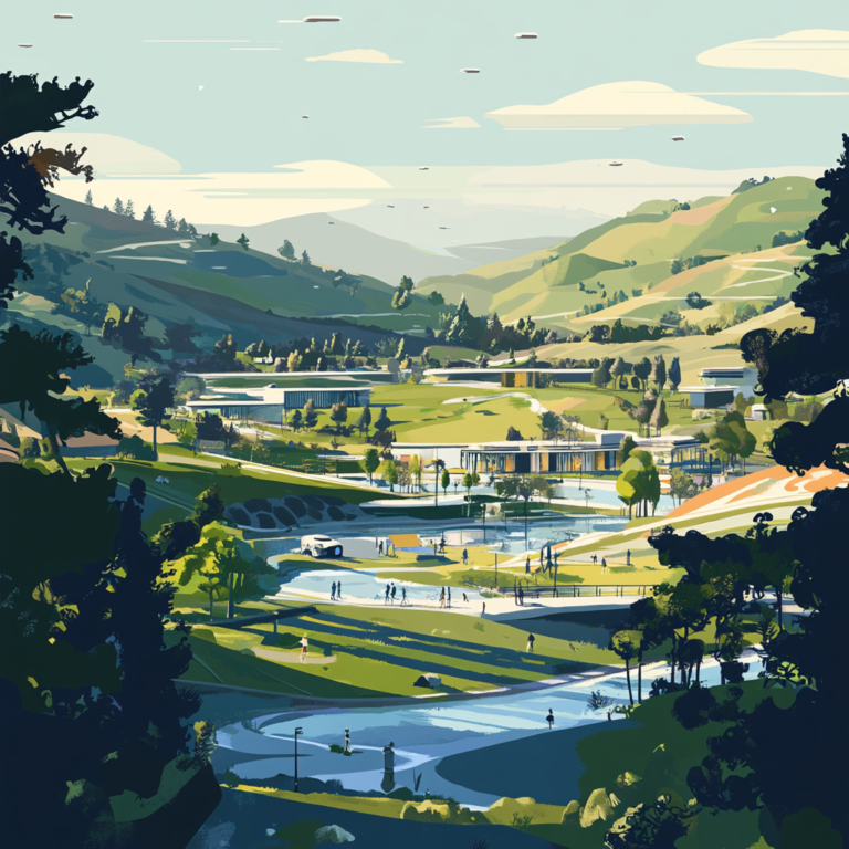Een futuristisch technologielandschap in Silicon Valley, met moderne startups en innovatieve technologieën in opkomst. De scène toont jonge ondernemers en invloedrijke figuren zoals Palmer Luckey en Joe Lonsdale die samenwerken aan een nieuwe golf van technologische vooruitgang. De sfeer is energiek en visionair, met een mengeling van traditionele en geavanceerde technologie. Geen tekst of woorden in de afbeelding.