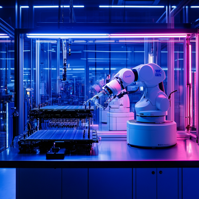 Een futuristische en geavanceerde chipfabriek van Intel, badend in blauw neonlicht, met robots en high-tech machines die aan het werk zijn. De atmosfeer is innovatief en dynamisch, met een focus op technologische vooruitgang en productie. Geen tekst of woorden in de afbeelding.