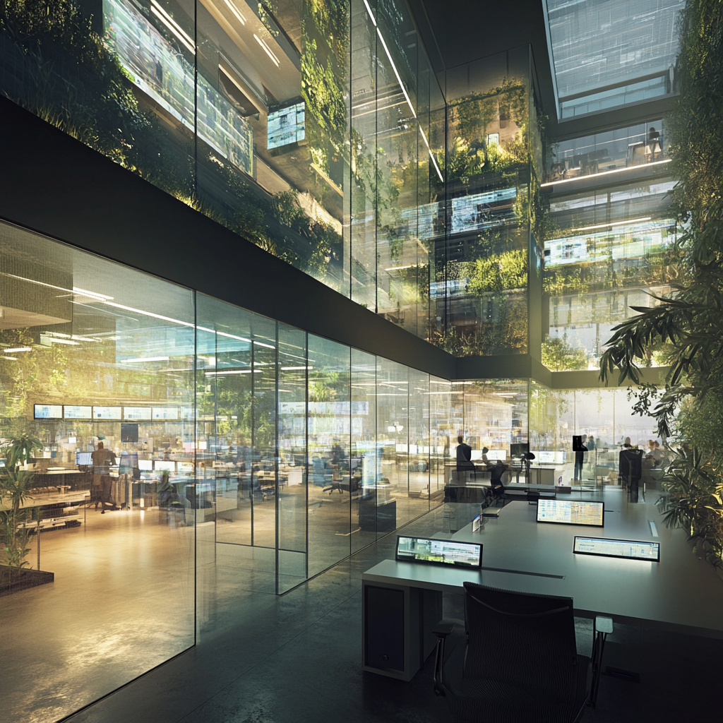 Een futuristisch kantoorgebouw in Europa, waar technologie en natuur harmonieus samenkomen. Binnen is een high-tech vergaderruimte met holografische schermen die 'Live Intelligence' tonen, een geavanceerde AI-interface in levendige kleuren. Medewerkers zijn bezig met brainstormen, omringd door een sfeer van innovatie en creativiteit. Grote ramen geven uitzicht op een groene, stedelijke omgeving, met zonlicht dat de ruimte verlicht. De sfeer is vooruitstrevend, innovatief en gericht op samenwerking. Geen tekst of woorden in de afbeelding.