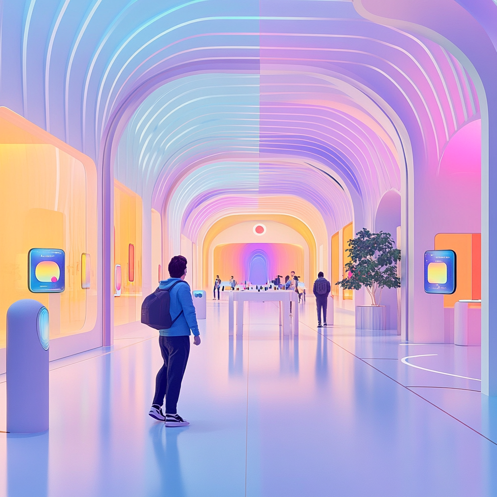 Een futuristische, levendige en kleurrijke afbeelding die de essentie van Apple’s 'Image Playground' vangt. Voorstellend een dynamische scène waar cartoonachtige beelden worden gecreëerd vanuit tekst. De scène moet een gevoel van innovatie en creativiteit uitstralen, met strakke, moderne lijnen en een kleurrijk palet van levendige tinten. Geen tekst of woorden in de afbeelding.