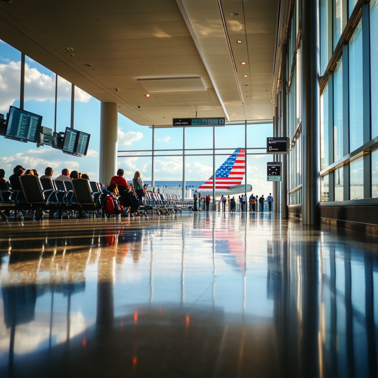 Een luchthaven terminal met een American Airlines boarding gate. Passagiers staan in een nette rij, met een heldere, moderne technologie die op de achtergrond piept. De sfeer is druk maar georganiseerd, met een gevoel van technologische vooruitgang en orde. Geen tekst of woorden in de afbeelding.