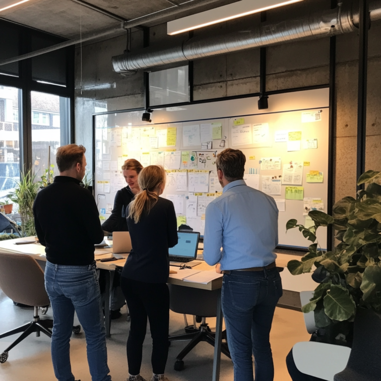 Een drukke kantoorscène waarin een team van professionals in overleg is over een groot whiteboard met duurzaamheidsdoelstellingen en grafieken. De sfeer is serieus maar hoopvol, met veel focus op samenwerking en strategische planning. De ruimte is modern ingericht met veel natuurlijk licht en groene planten, symboliserend de focus op duurzaamheid. Geen tekst of woorden in de afbeelding.