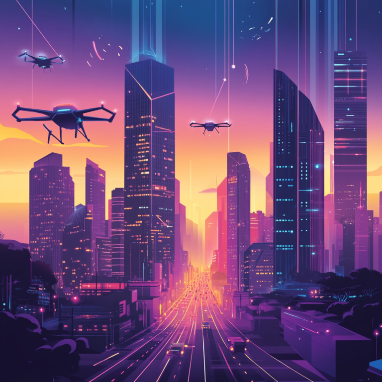 Een levendige en dynamische illustratie van Silicon Valley, met iconische tech-gebouwen en een futuristische sfeer. De skyline is gevuld met neonlichten en vliegende drones in een kleurrijke avondschemering. In de voorgrond staan tech-visionairs in discussie, omringd door digitale schermen en hologrammen die libertarische symbolen en concepten uitbeelden. De scene straalt innovatie en ideologische diversiteit uit, met een gevoel van spanning en verwachting. Geen tekst of woorden in de afbeelding.