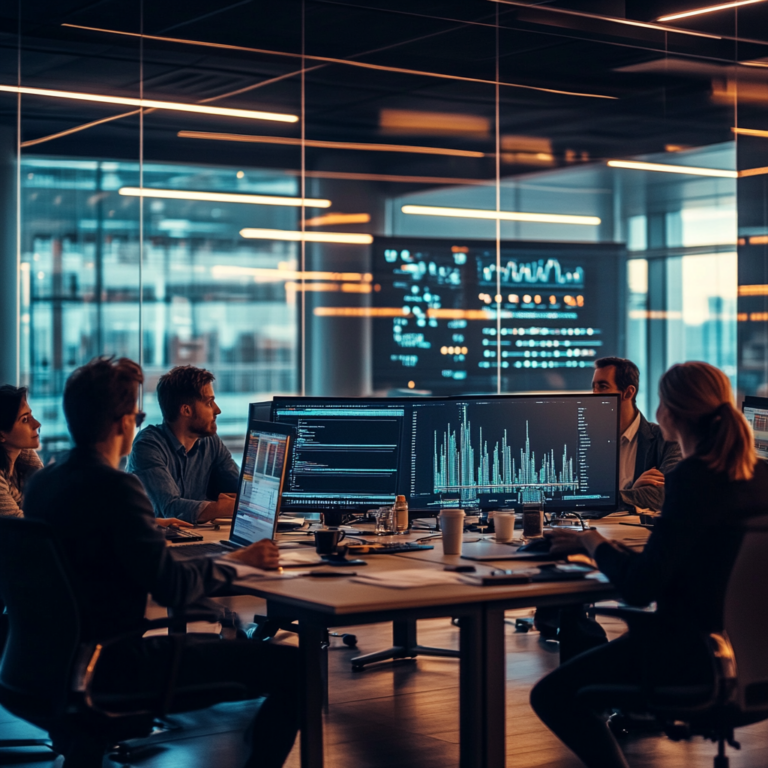 Een zakelijke omgeving waarin een groep mensen rond een tafel zit, diep in discussie over data-integratie. Op de achtergrond staan computers met complexe data-analyses op de schermen. De sfeer is serieus en gefocust, met een gevoel van urgentie en innovatie. De ruimte is modern en goed verlicht, met een groot raam dat uitzicht biedt op een stadslandschap. Geen tekst of woorden in de afbeelding.