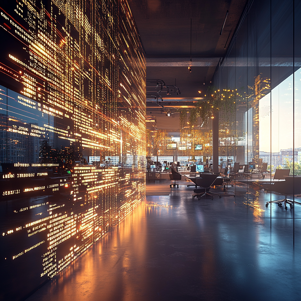 Een levendige kantoorruimte vol jonge professionals die druk bezig zijn met creatieve projecten. Op de achtergrond zijn grote schermen te zien met TikTok-logos en sociale media-feeds. De sfeer is energiek en gefocust, met een kleurrijk en modern interieur. Geen tekst of woorden in de afbeelding.