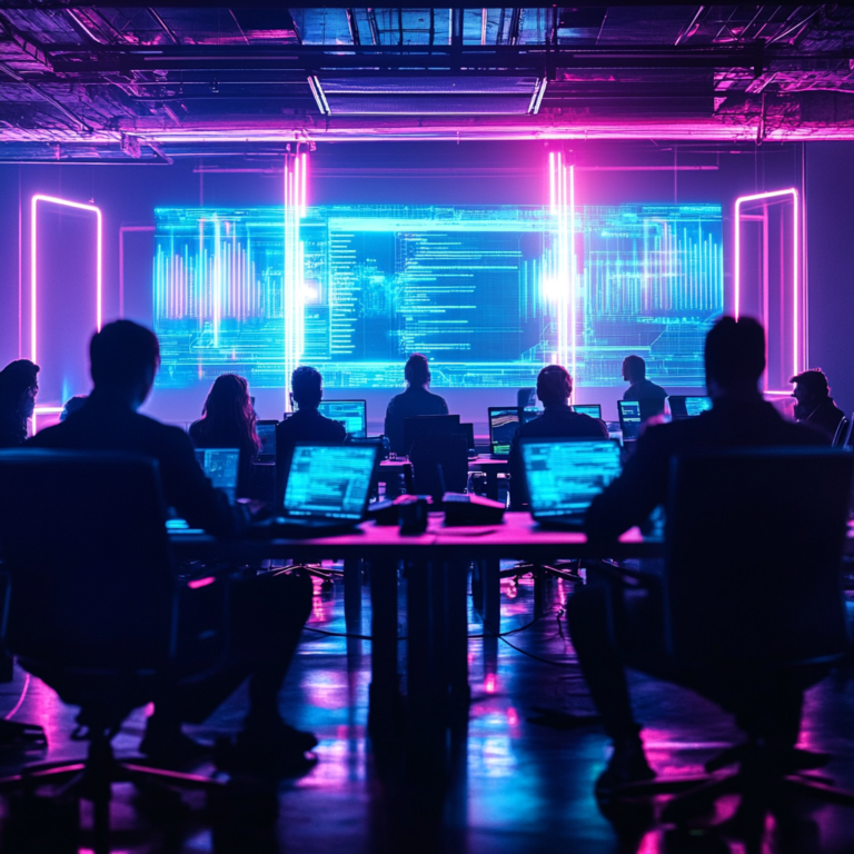 Een krachtige scène waarin twee grote techgiganten, Microsoft en a16z, symbolisch de handen ineen slaan in een futuristisch kantoor met holografische displays en AI-robots. De sfeer is collegiaal en strategisch, met een focus op innovatie en samenwerking. Geen tekst of woorden in de afbeelding.