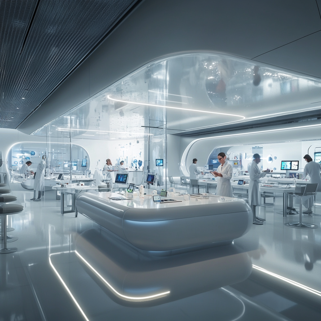 Een futuristisch Apple-laboratorium met ontwerpers die werken aan kleine, innovatieve producten zoals de Apple Watch en iPad. De sfeer is vooruitstrevend en visionair, met high-tech apparatuur en een scherm dat slimme brillen toont. Geen tekst of woorden in de afbeelding.