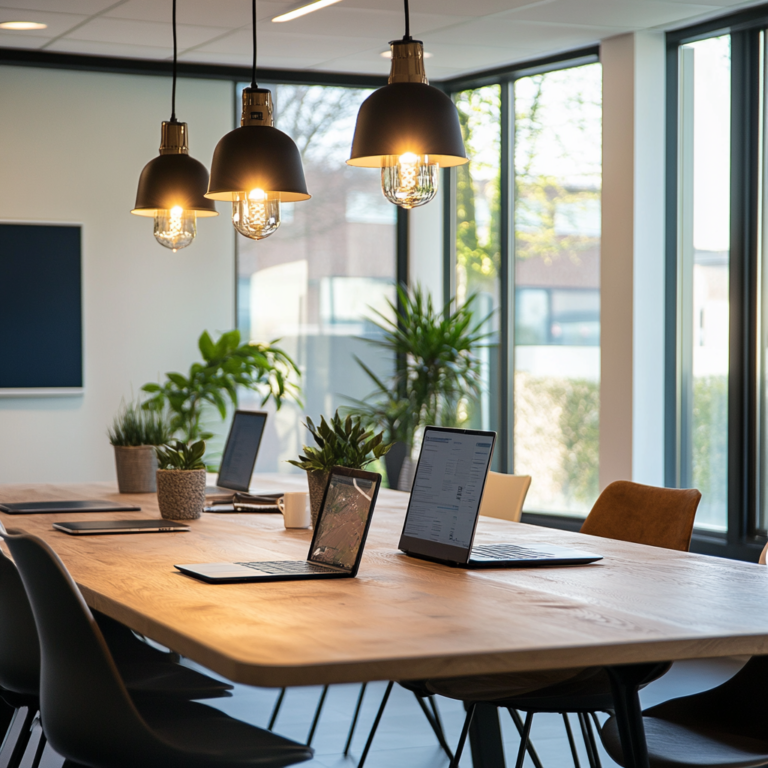 Een moderne kantooromgeving waar een groep diverse ondernemers en investeerders samenkomt voor een belangrijke bespreking. De ruimte is licht, met grote ramen en een tafel vol laptops, notitieblokken en koffiekopjes. Op de achtergrond zijn grafieken en diagrammen zichtbaar op schermen. De sfeer is dynamisch en innovatief, met een gevoel van samenwerking en gedeelde visie. Geen tekst of woorden in de afbeelding.